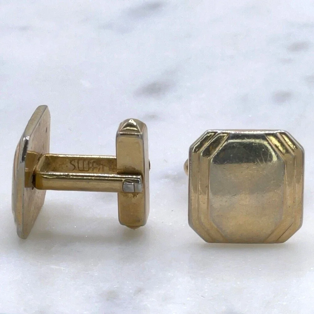 Vintage Mens Swank Gold Tone Square Geometric Bullet Back Small Cufflinks